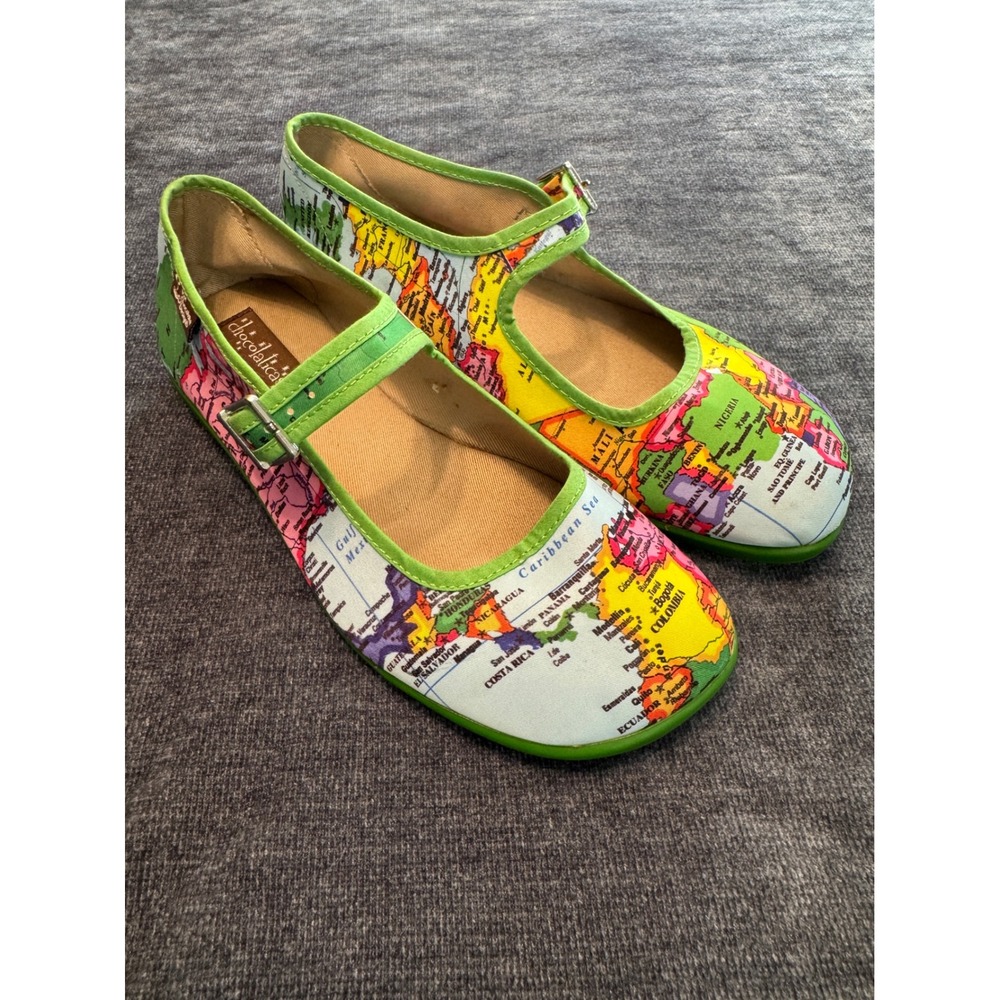 Hot Chocolate Design Women's World Map Mary Jane Flat Strap Sz US7/EU37
